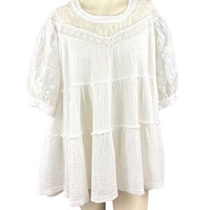 POL White Gauze Tiered Babydoll Tunic Floral Embroidery Cottagecore Boho NWOT